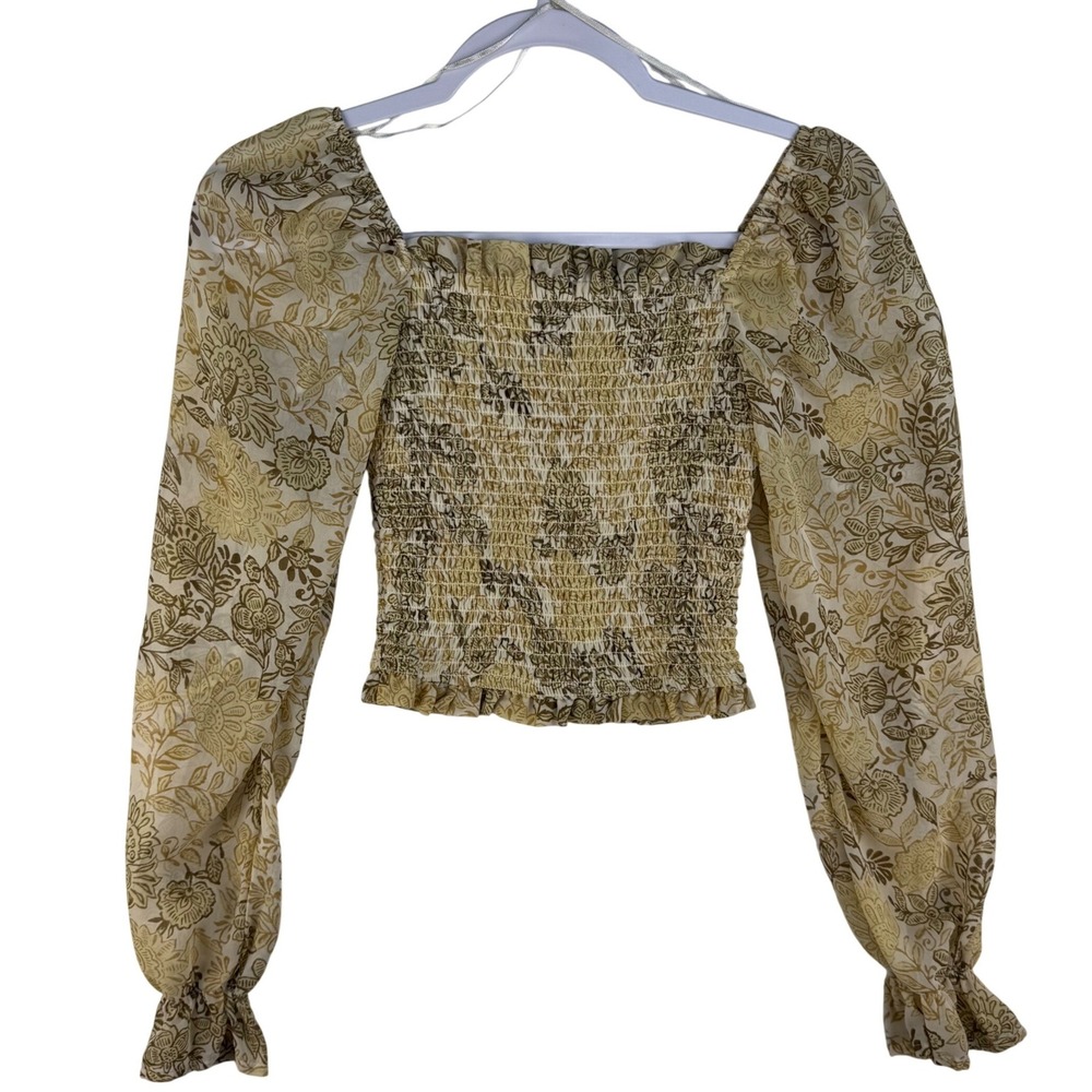 JOA Floral Smocked Crop‎ Top Yellow Brown Puff Sleeve Square Neck Boho Blouse